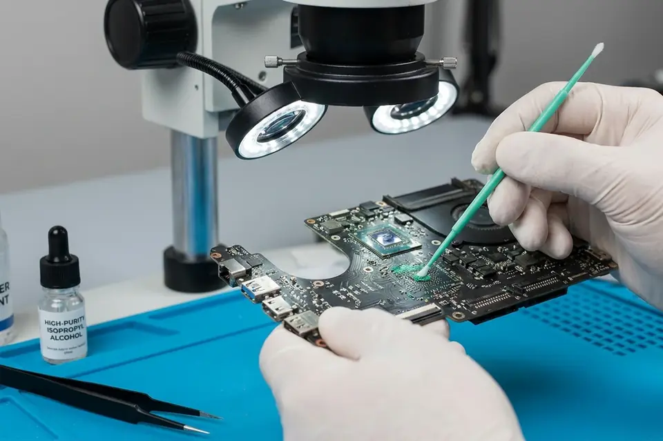 Ultrasonic cleaning and motherboard restoration after liquid water spill