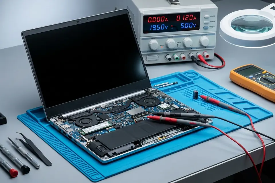 Diagnosis and power rail repair for dead laptop with no power or display